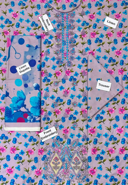Linen Neck Embroidery Collection 2026 | Printed Dupatta & Trouser