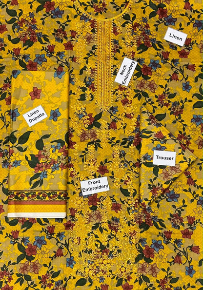 Linen Neck Embroidery Collection 2026 | Printed Dupatta & Trouser