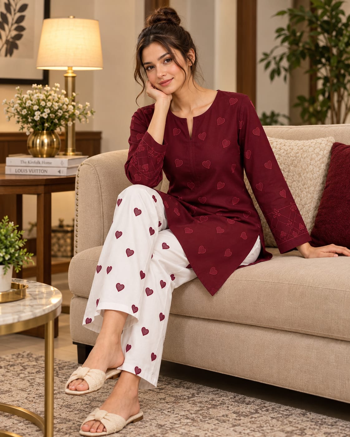 Bareeze maroon 2-piece embroidered DhaNak suit with white trousers