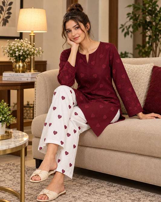 Bareeze maroon 2-piece embroidered DhaNak suit with white trousers