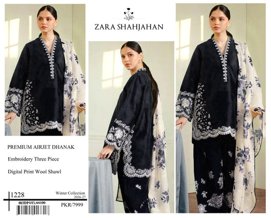Zara Shajahan premium black embroidered Airjet Dhanak three-piece suit with digital print wool shawl