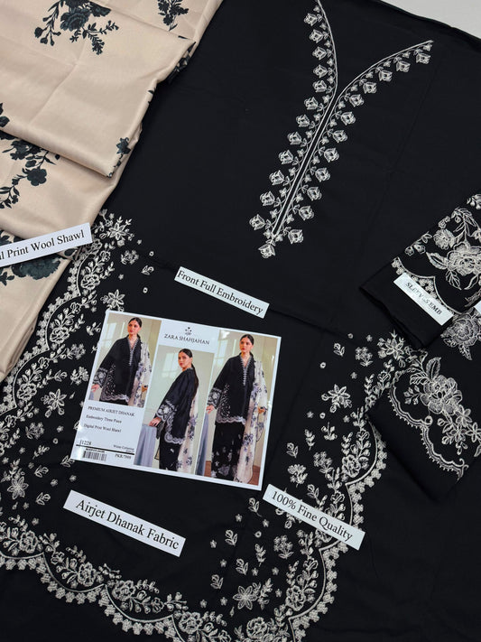 Premium Airjet Dhanak Embroidered 3-Piece Suit with Digital Wool Shawl | Zara Shajahan
