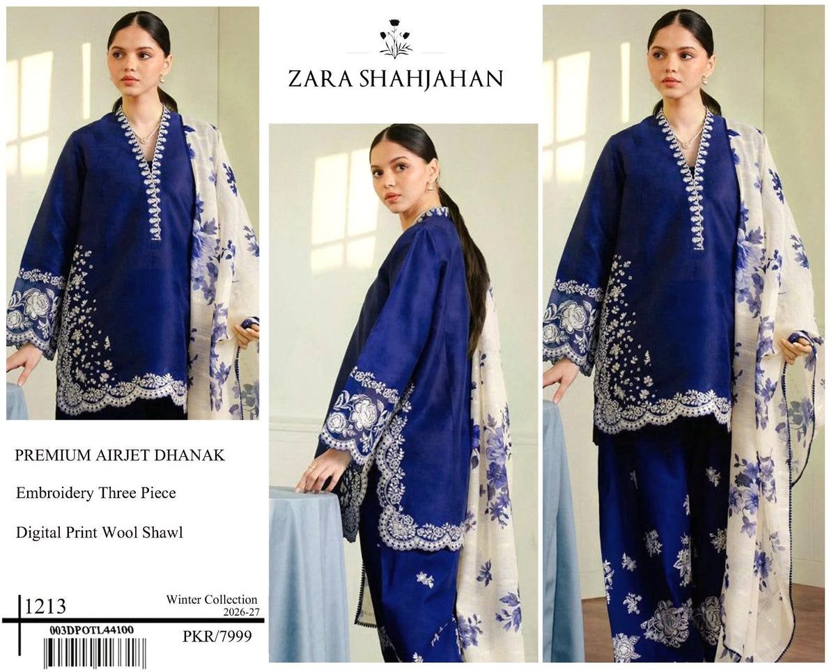 Royal Blue Zara Shajahan embroidered Airjet Dhanak three-piece suit with digital print wool shawl