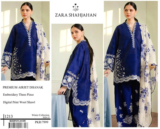 Royal Blue Zara Shajahan embroidered Airjet Dhanak three-piece suit with digital print wool shawl