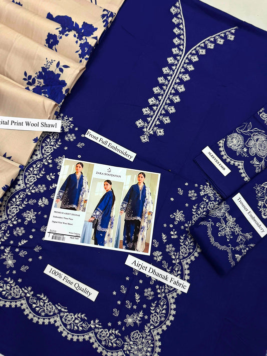 Royal Blue Airjet Dhanak fabric with front, sleeve, and trouser embroidery and digital print wool shawl