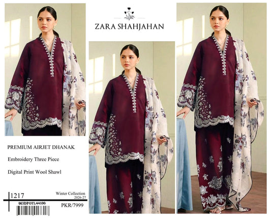 Maroon Zara Shajahan embroidered Airjet Dhanak three-piece suit with digital print wool shawl