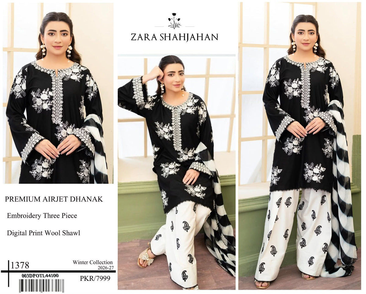 Black and white Zara Shajahan embroidered Airjet Dhanak three-piece suit with digital print wool shawl