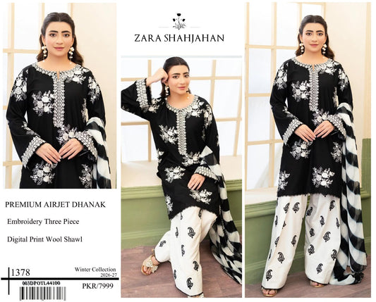 Black and white Zara Shajahan embroidered Airjet Dhanak three-piece suit with digital print wool shawl