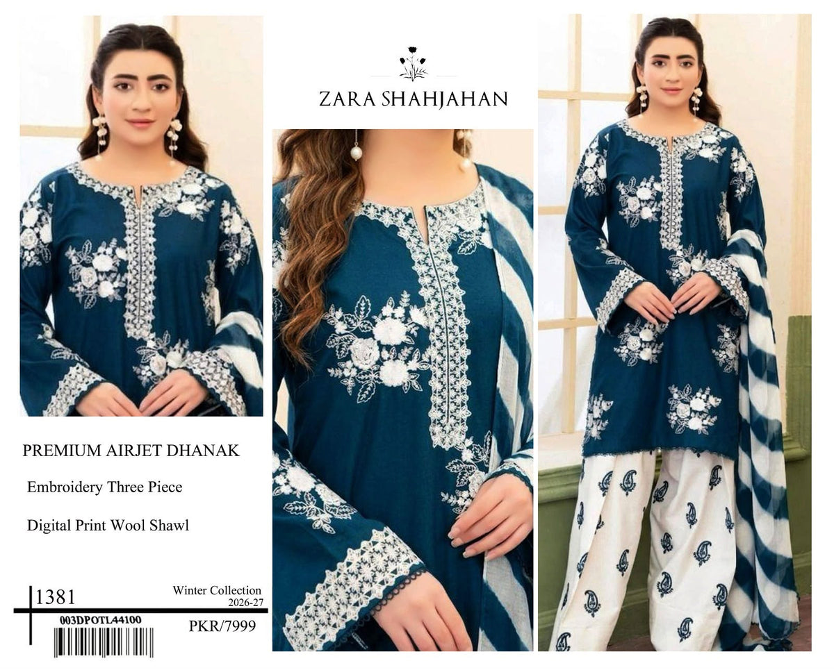 Teal blue Zara Shajahan embroidered Airjet Dhanak three-piece suit with digital print wool shawl