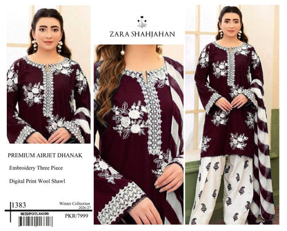 Burgundy Zara Shajahan embroidered Airjet Dhanak three-piece suit with digital print wool shawl