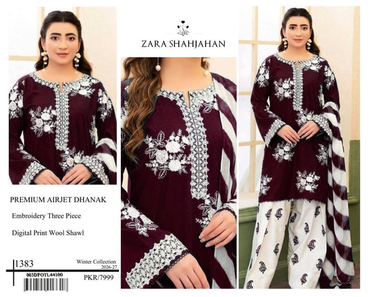 Burgundy Zara Shajahan embroidered Airjet Dhanak three-piece suit with digital print wool shawl