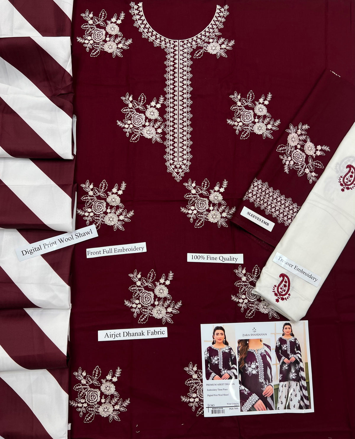 Premium Burgundy Airjet Dhanak Embroidered 3-Piece Suit with Digital Wool Shawl | Zara Shajahan