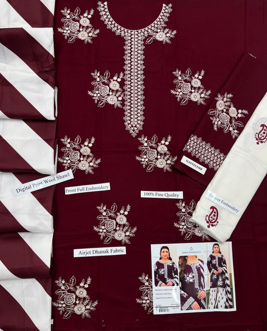 Premium Burgundy Airjet Dhanak Embroidered 3-Piece Suit with Digital Wool Shawl | Zara Shajahan