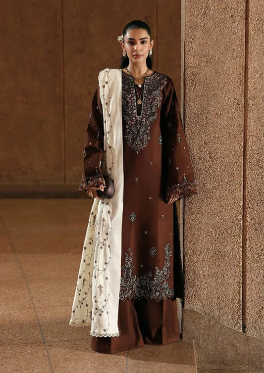 Unstitched RajBari 1223 dhanak fabric pieces showing front full embroidery, sleeves embroidery, and dyed dhanak trouser