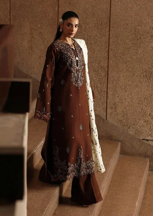 RajBari 1223 Brown Embroidered Airjet Dhanak 3-Piece Suit with Shawl