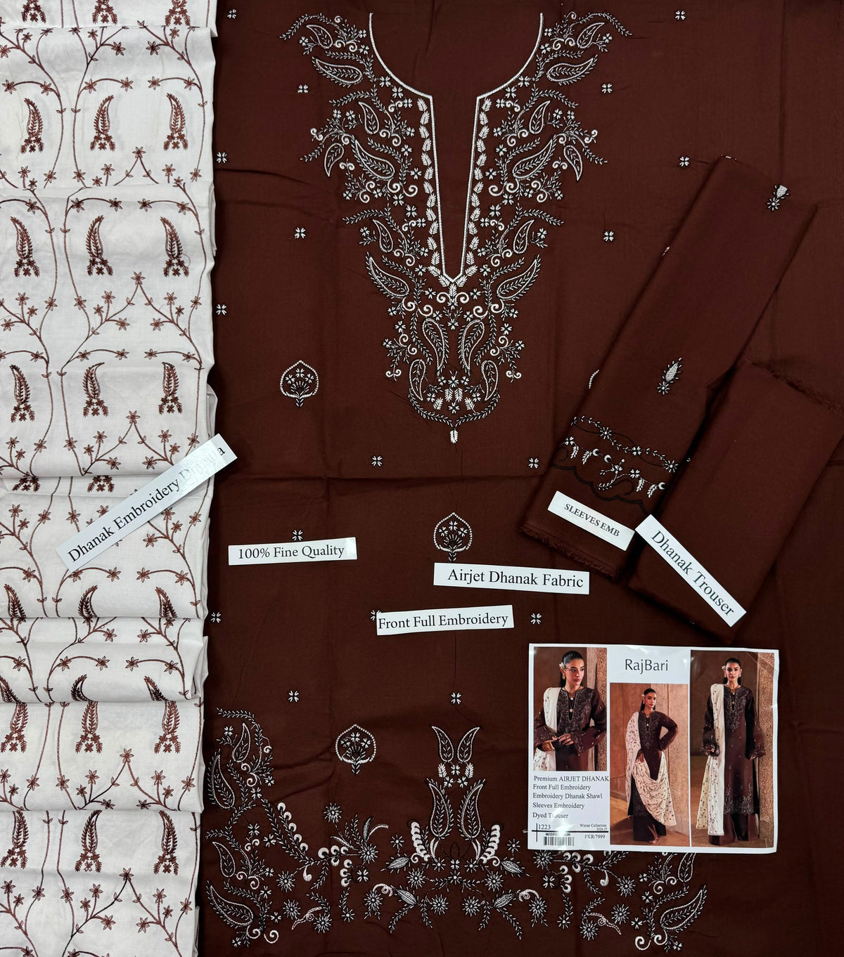 Chocolate brown embroidered airjet dhanak 3-piece suit with ivory embroidered dhanak shawl