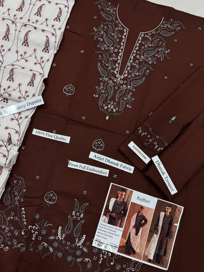 RajBari 1223 Brown Embroidered Airjet Dhanak 3-Piece Suit with Shawl