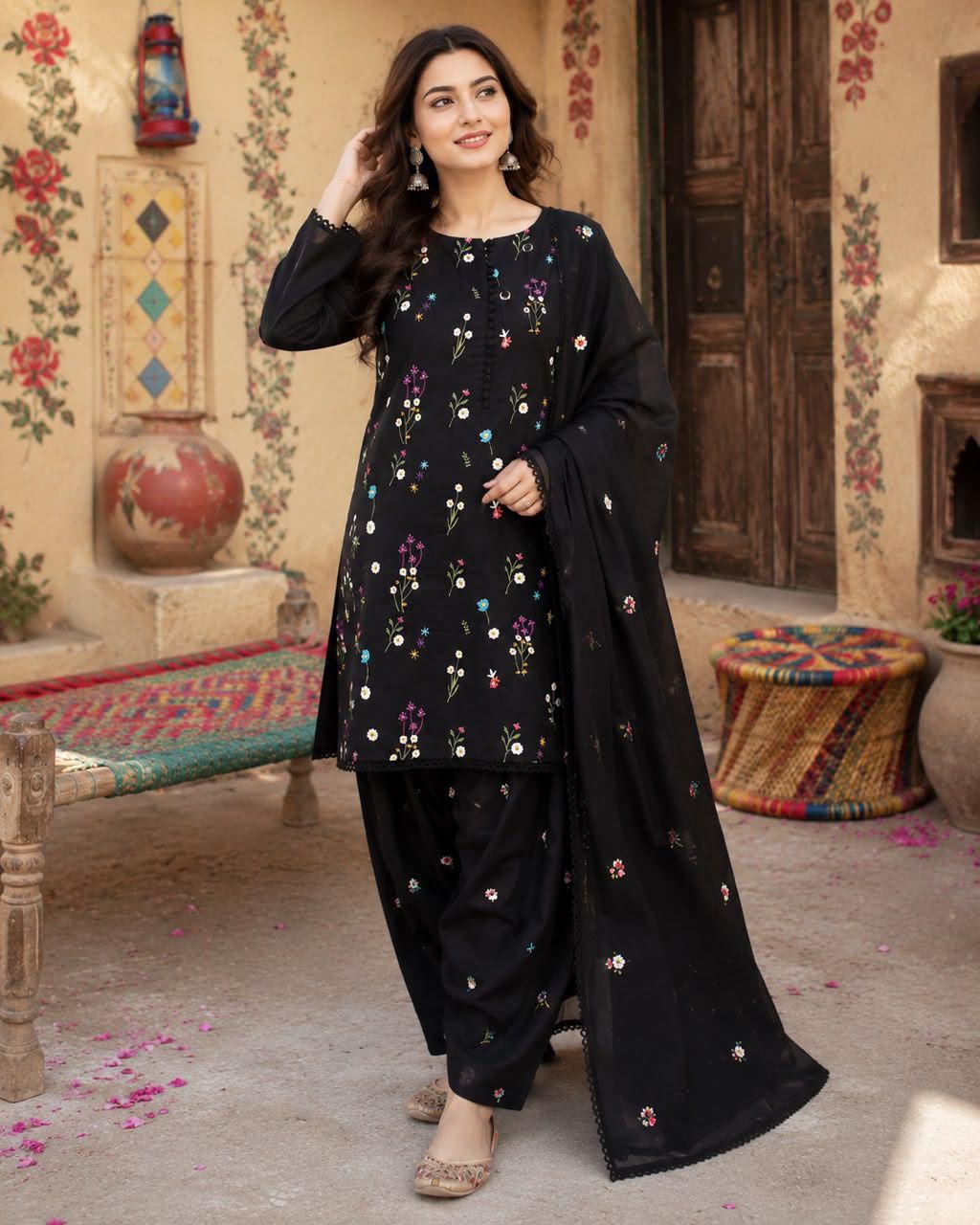 Black Aneelas 2719 embroidered Dhanak winter suit with dupatta and trouser
