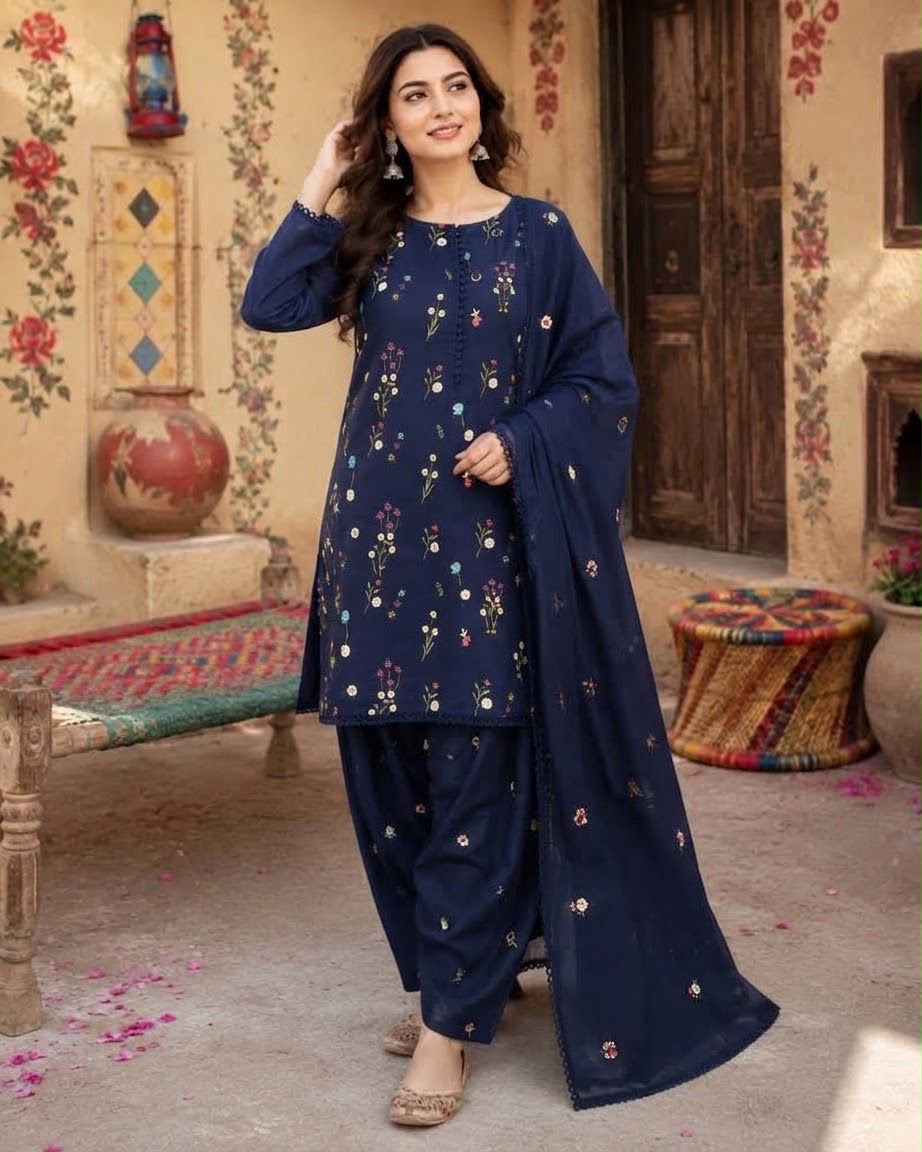 Navy blue Aneelas 2719 embroidered Dhanak winter suit with dupatta and trouser