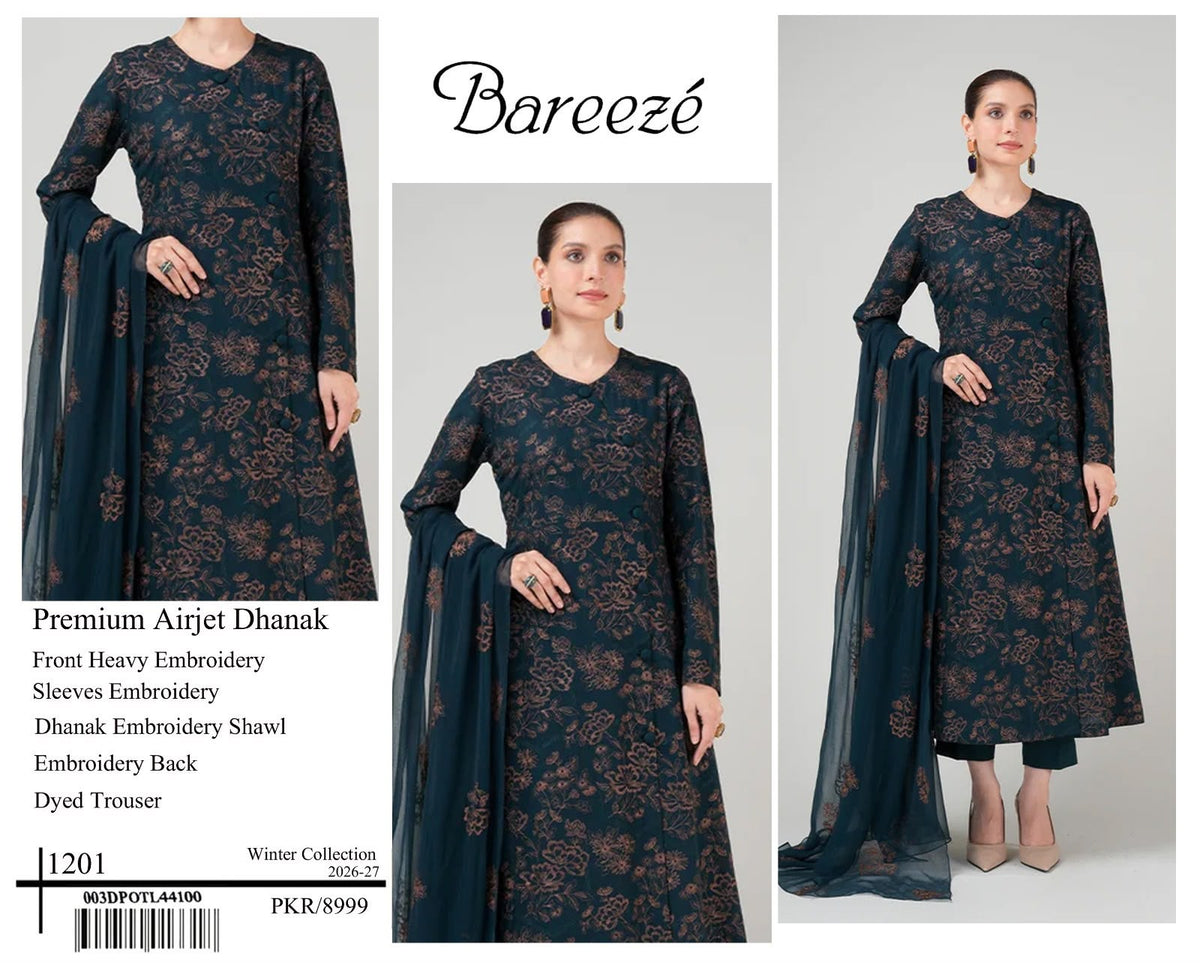 Bareeze deep teal Airjet Dhanak embroidered 3-piece unstitched suit with matching embroidered shawl