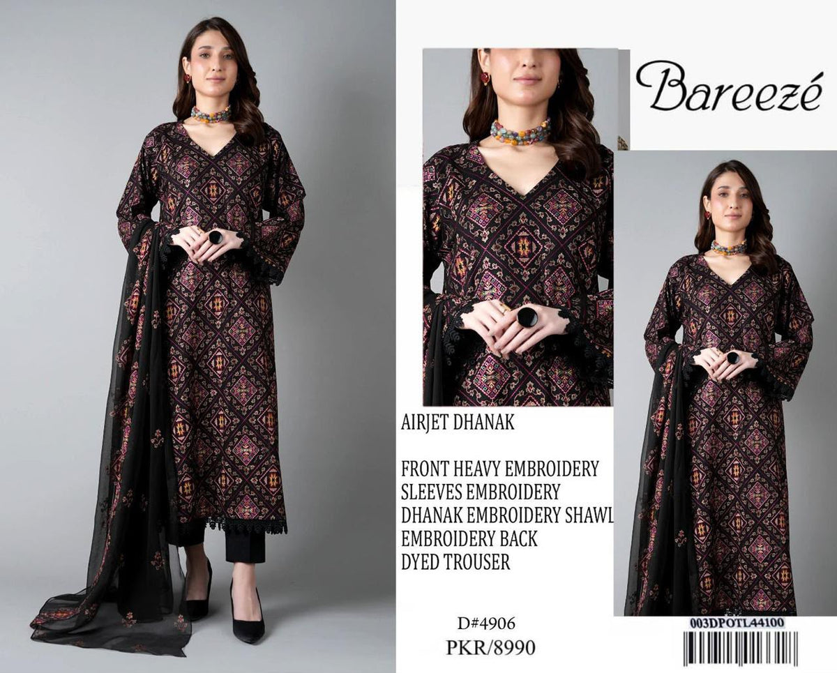 Bareeze black Airjet Dhanak embroidered 3-piece unstitched suit with matching embroidered shawl