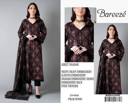 Bareeze black Airjet Dhanak embroidered 3-piece unstitched suit with matching embroidered shawl