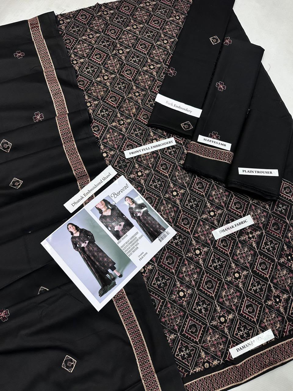 Bareeze Premium Airjet Dhanak Embroidered Suit with Shawl – Black