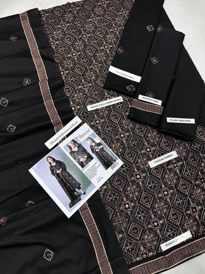 Bareeze Premium Airjet Dhanak Embroidered Suit with Shawl – Black