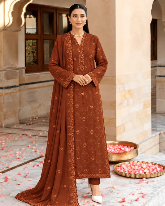 Bareeze Dhanak rust embroidered chikankari suit with dupatta