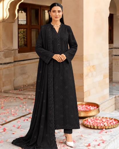 Bareeze Dhanak embroidered chikankari 3-piece suit in black with dupatta