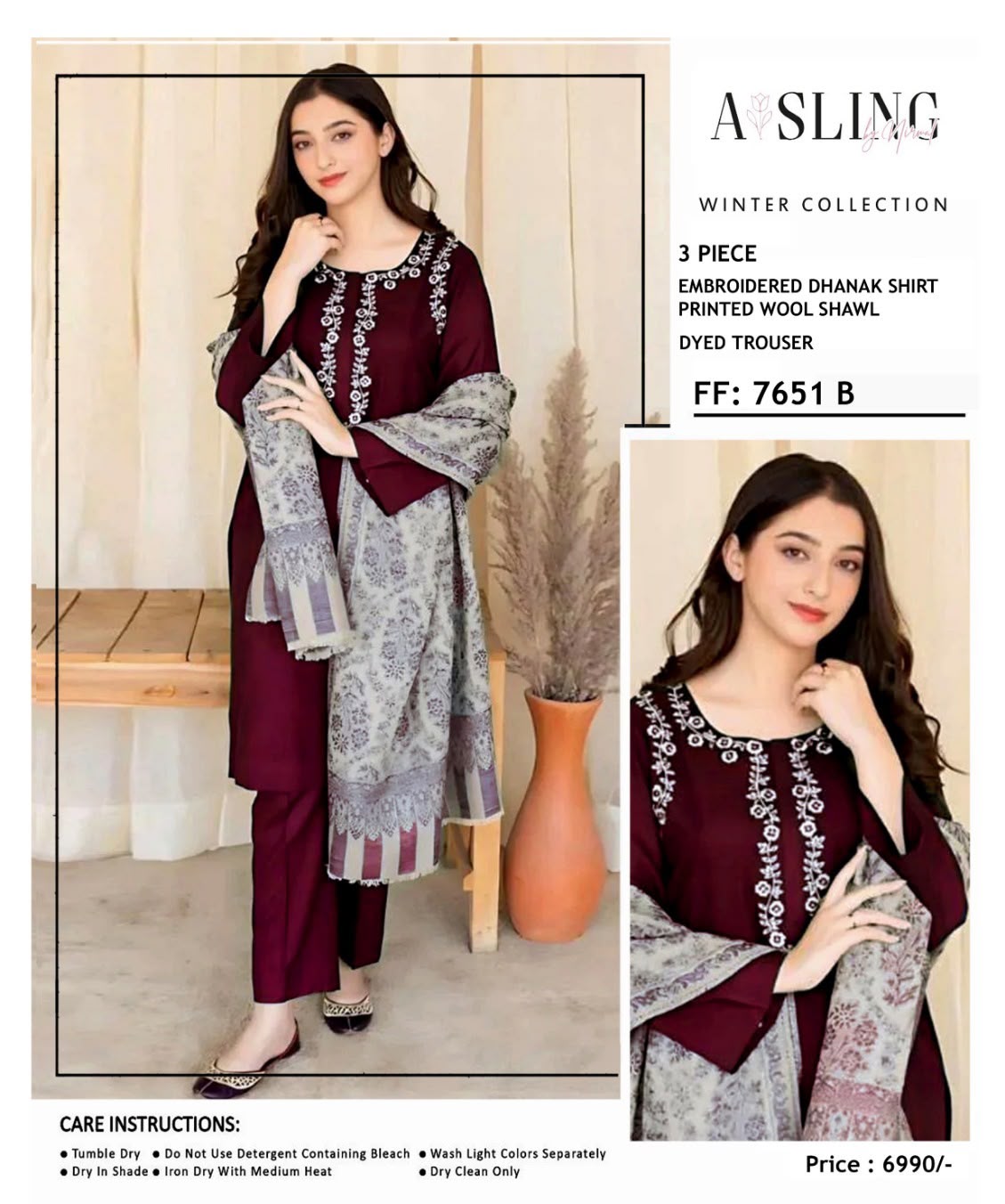Burgundy Asling 7651 B embroidered Dhanak three-piece suit with printed wool shawl