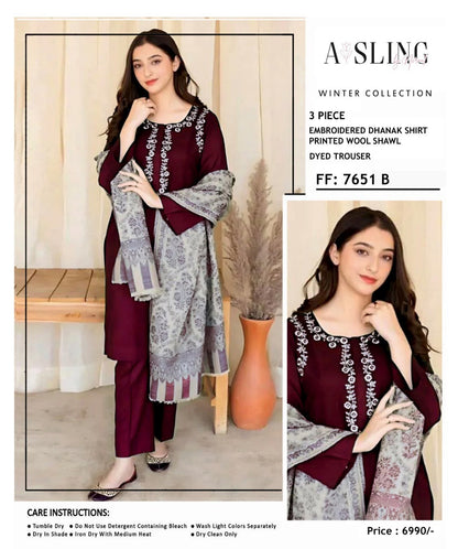 Burgundy Asling 7651 B embroidered Dhanak three-piece suit with printed wool shawl