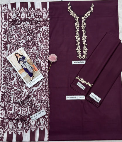 Asling 7651 B Burgundy Dhanak Embroidered 3-Piece Suit with Printed Wool Shawl