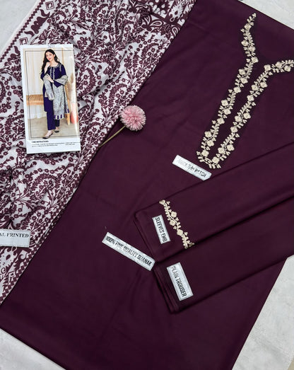 Asling 7651 B Burgundy Dhanak Embroidered 3-Piece Suit with Printed Wool Shawl