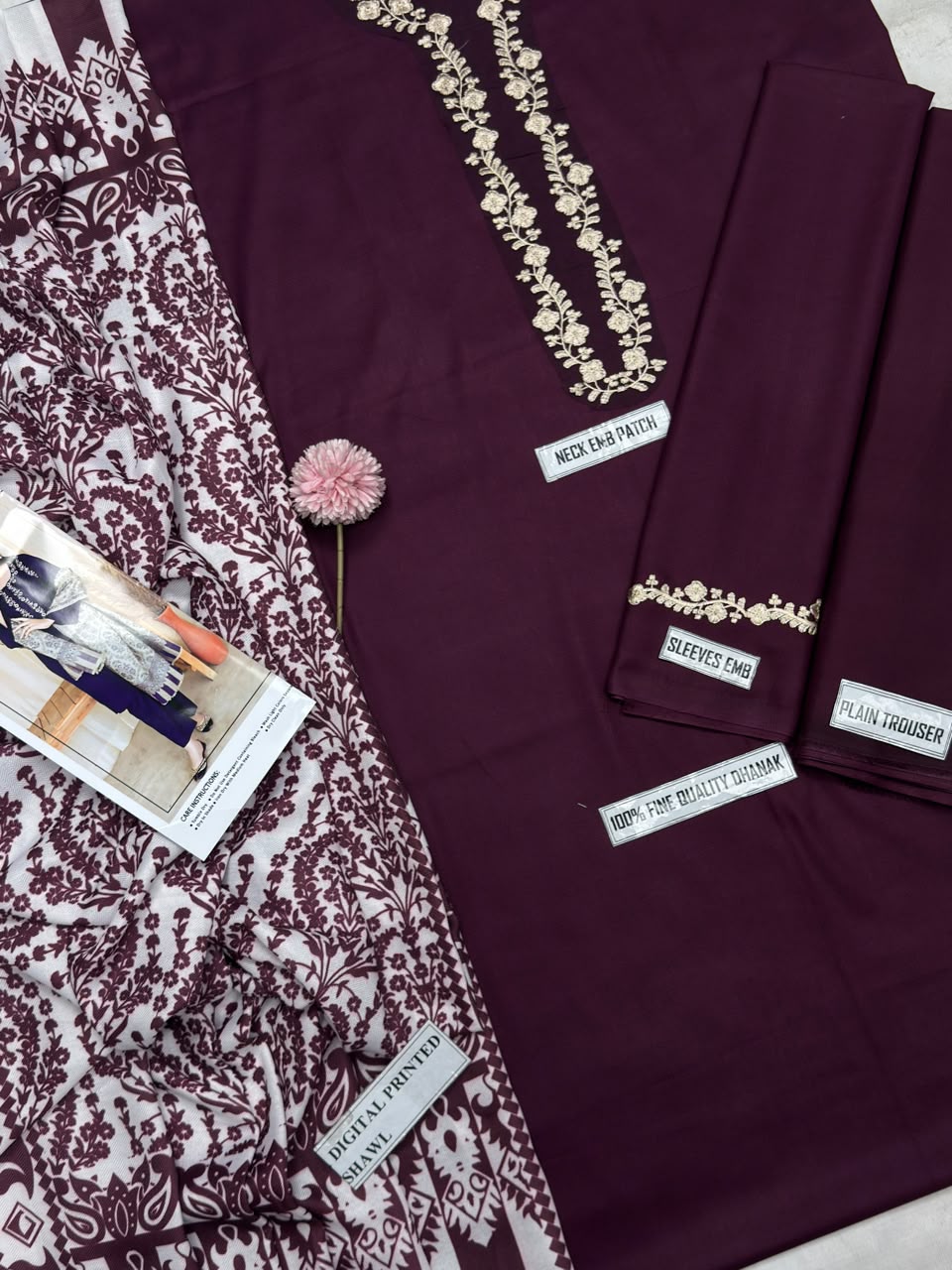 Asling 7651 B Burgundy Dhanak Embroidered 3-Piece Suit with Printed Wool Shawl