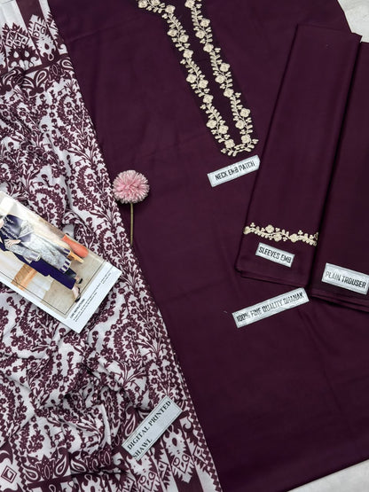 Asling 7651 B Burgundy Dhanak Embroidered 3-Piece Suit with Printed Wool Shawl