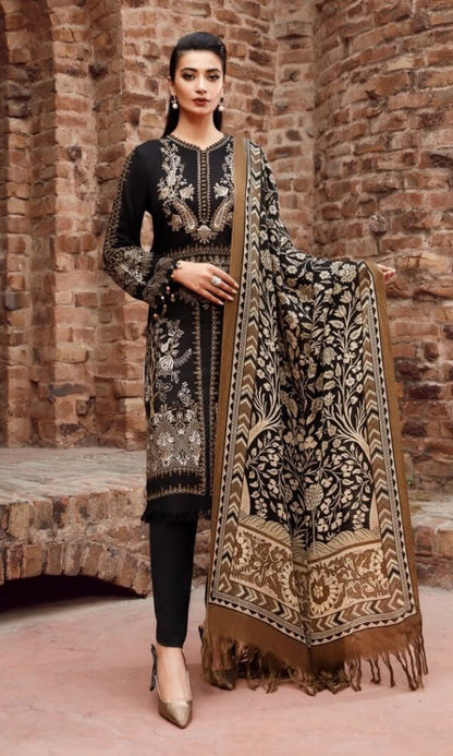 Maria B 418 black embroidered Airjet Dhanak three-piece winter suit with printed wool shawl dupatta and trouser
