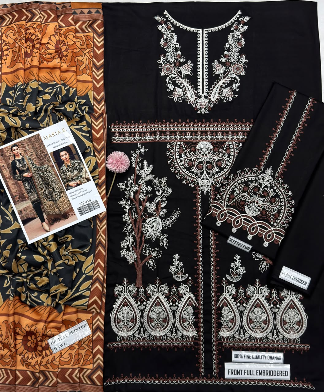 Maria B 418 Embroidered Airjet Dhanak 3-Piece Winter Suit
