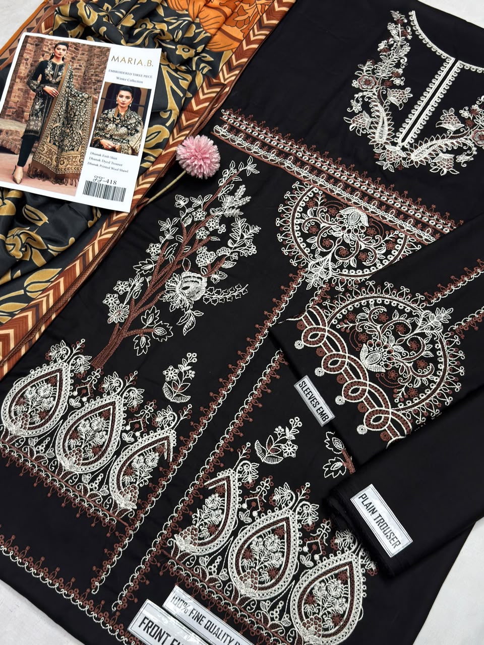 Maria B 418 Embroidered Airjet Dhanak 3-Piece Winter Suit