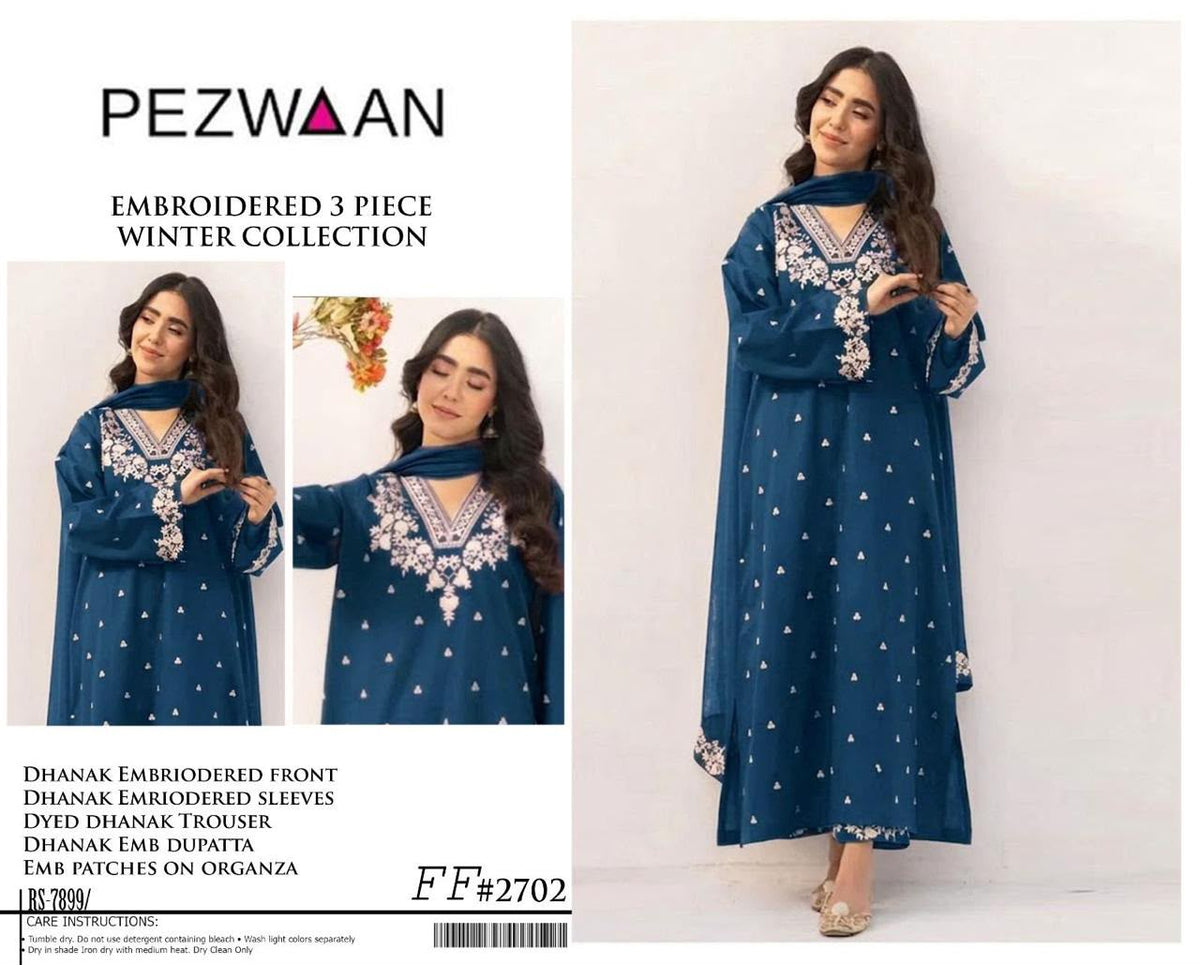 Pezwaan 2702 blue embroidered Airjet Dhanak three-piece winter suit with dupatta and trouser