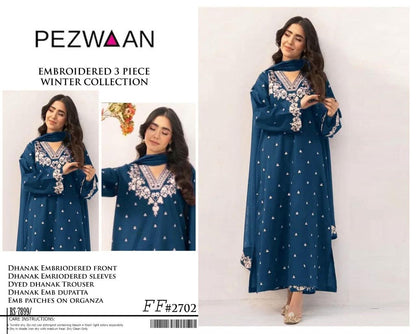 Pezwaan 2702 blue embroidered Airjet Dhanak three-piece winter suit with dupatta and trouser
