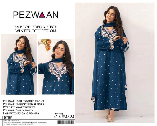 Pezwaan 2702 blue embroidered Airjet Dhanak three-piece winter suit with dupatta and trouser