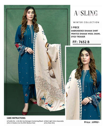 Asling 7652 B teal blue embroidered Dhanak three-piece winter suit with printed wool shawl and trouser