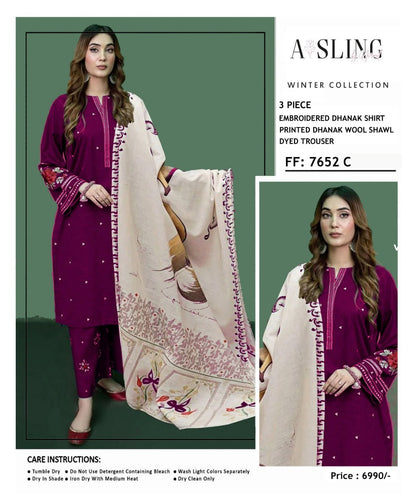 Asling 7652 C wine and magenta embroidered Dhanak three-piece winter suit with printed wool shawl and trouser