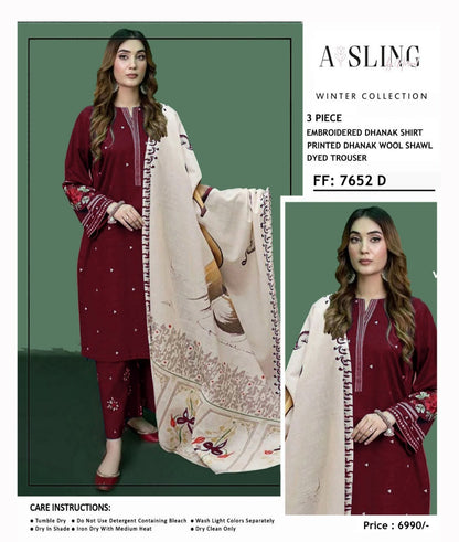 Asling 7652 embroidered Dhanak three-piece winter suit with printed wool shawl and trouser