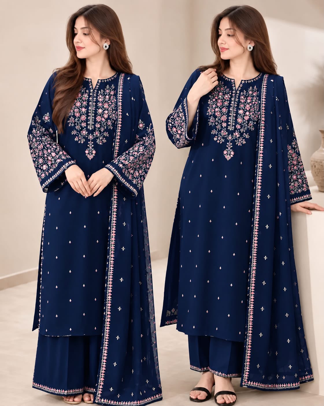 Batik A-82 navy blue Dhanak 3-piece suit with floral thread embroidery and matching shawl