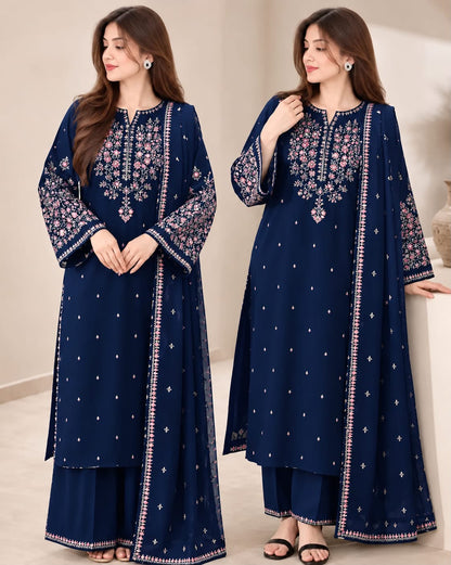 Batik A-82 navy blue Dhanak 3-piece suit with floral thread embroidery and matching shawl