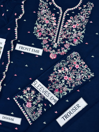 Batik Premium Dhanak Embroidered 3-Piece Suit A-82 - Navy Blue