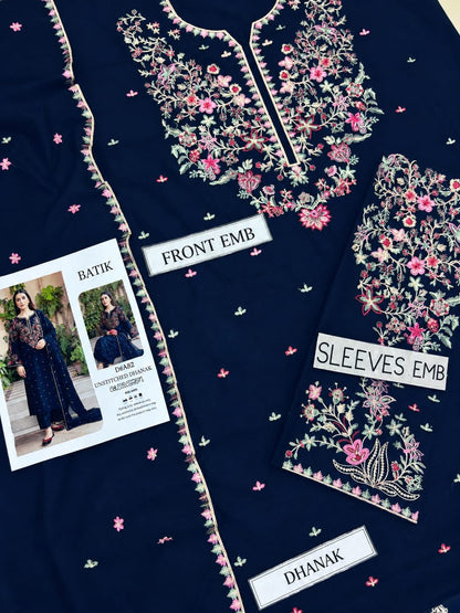 Batik Premium Dhanak Embroidered 3-Piece Suit A-82 - Navy Blue
