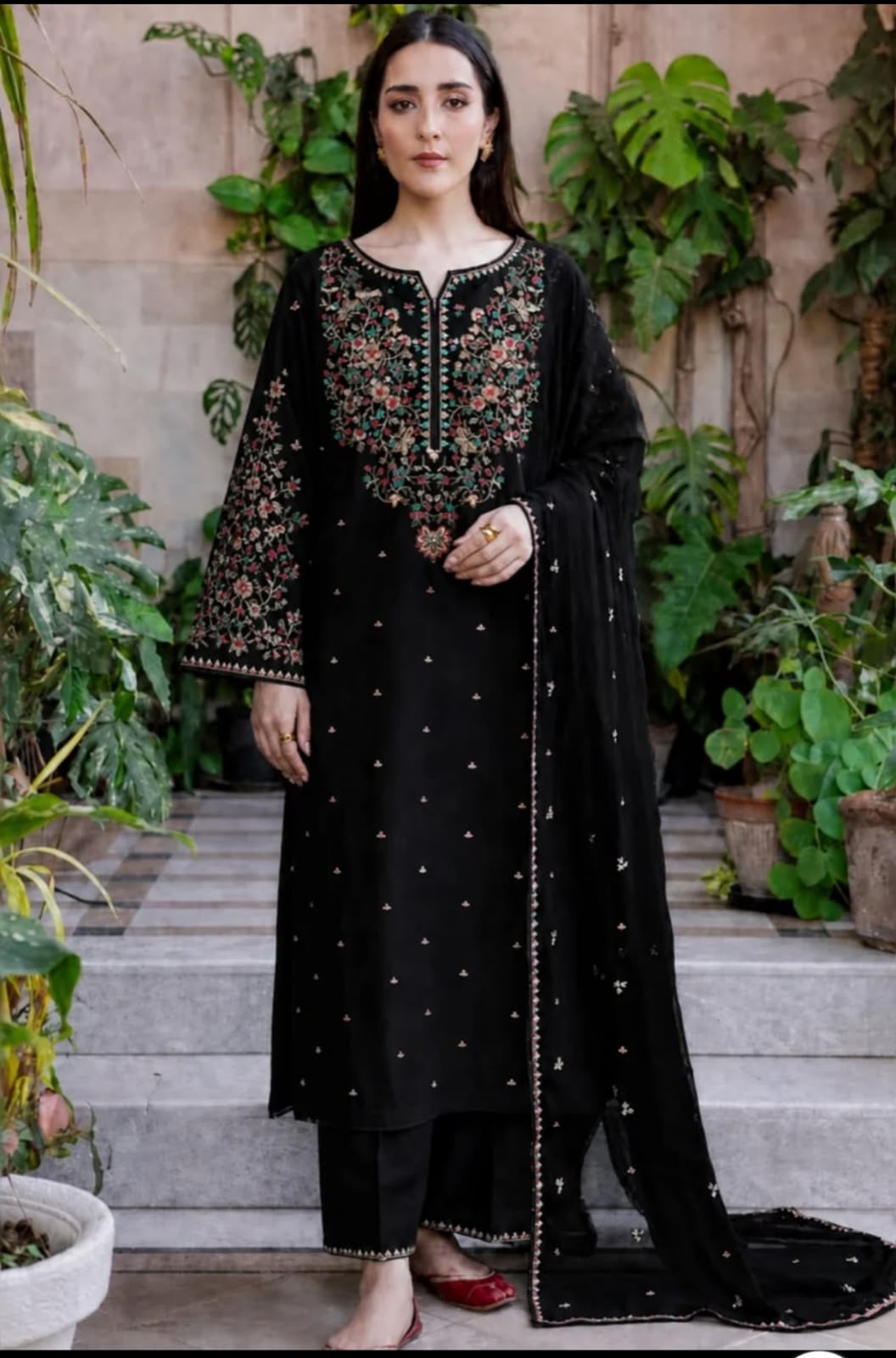 Batik A-82 black Dhanak 3-piece suit with multicolour thread embroidery and matching shawl